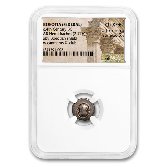 Boeotia,Thebes AR Hemidrachm (4th century BC) Ch-XF* NGC Boeotia,Thebes AR Hemidrachm (4th century BC) Ch-XF* NGC